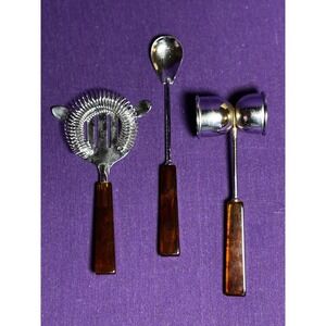MCM Barware Set of 3 - Strainer Jigger Spoon - Marbled Bakelite Japan